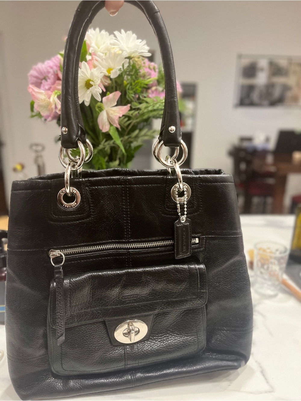 Coach Black Leather Shoulder Bag with Silver Hardware